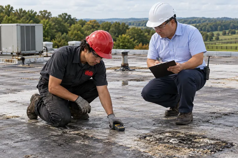 Roofer kneeling with a moisture meter on worn membrane while a plant manager takes notes
